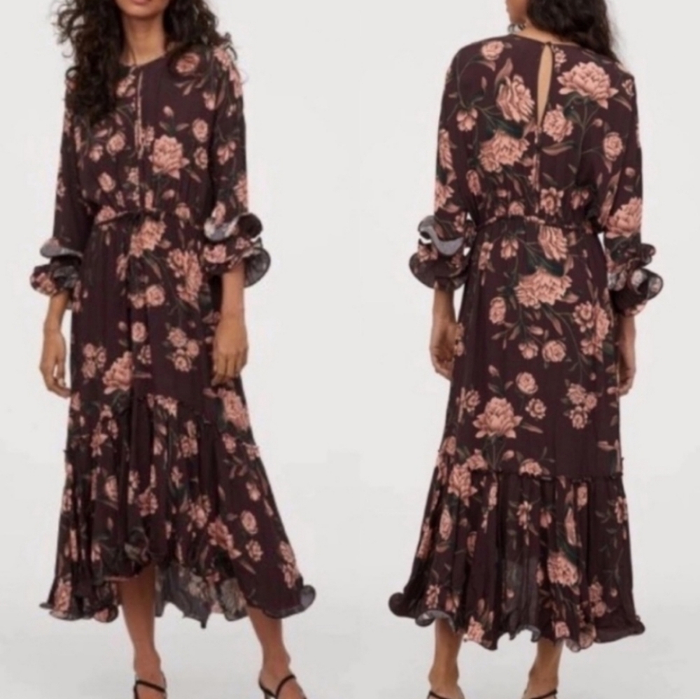 Johanna Ortiz x H&M Brown Floral Maxi Dress Ruffle Blogger Favorite L